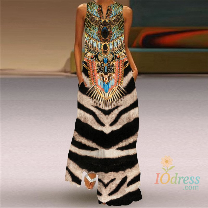 IO Dress Sexy V-neck Sleeveless Dress For Women Summer Fashion Sundress Retro Print Long Dresses With Pocket Maxi Dress Femme Vestidos