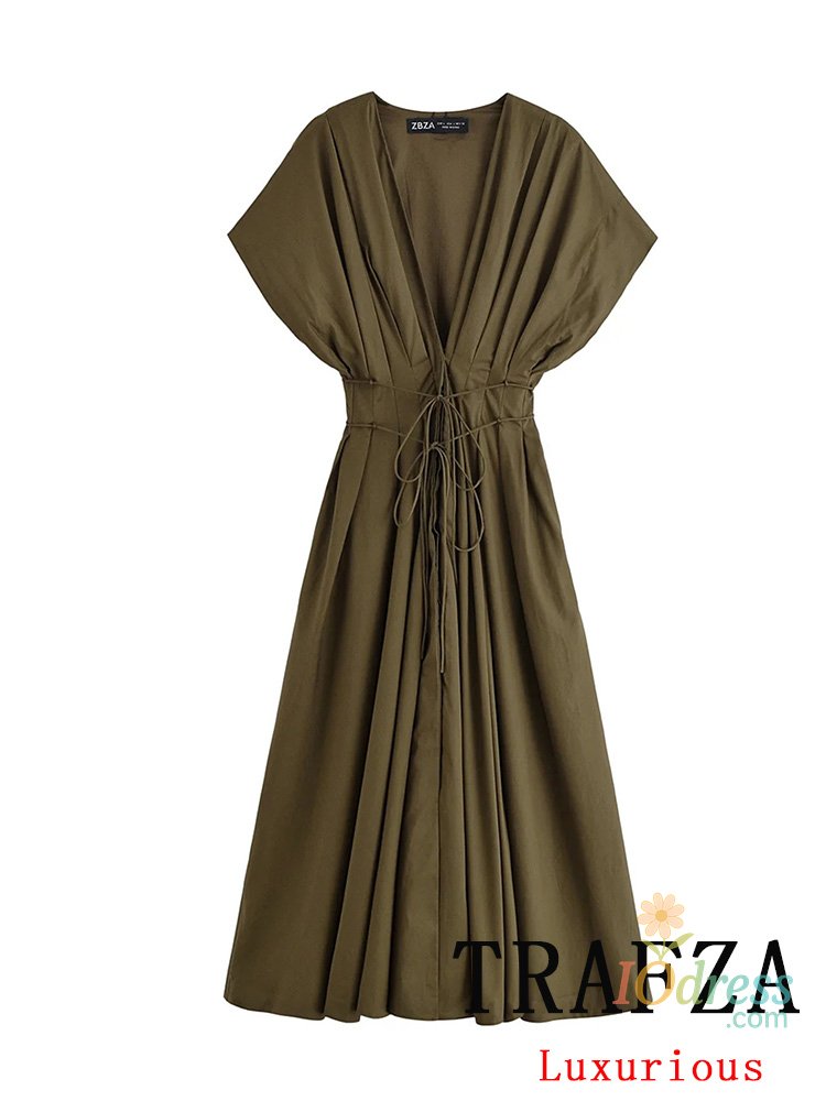 IO Dress TRAFZA Vintage Casual Chic Solid Women Dress V-Neck Lace-up Draped Long Vestidos Fashion 2025 Summer Holiday Folds Loose Dress