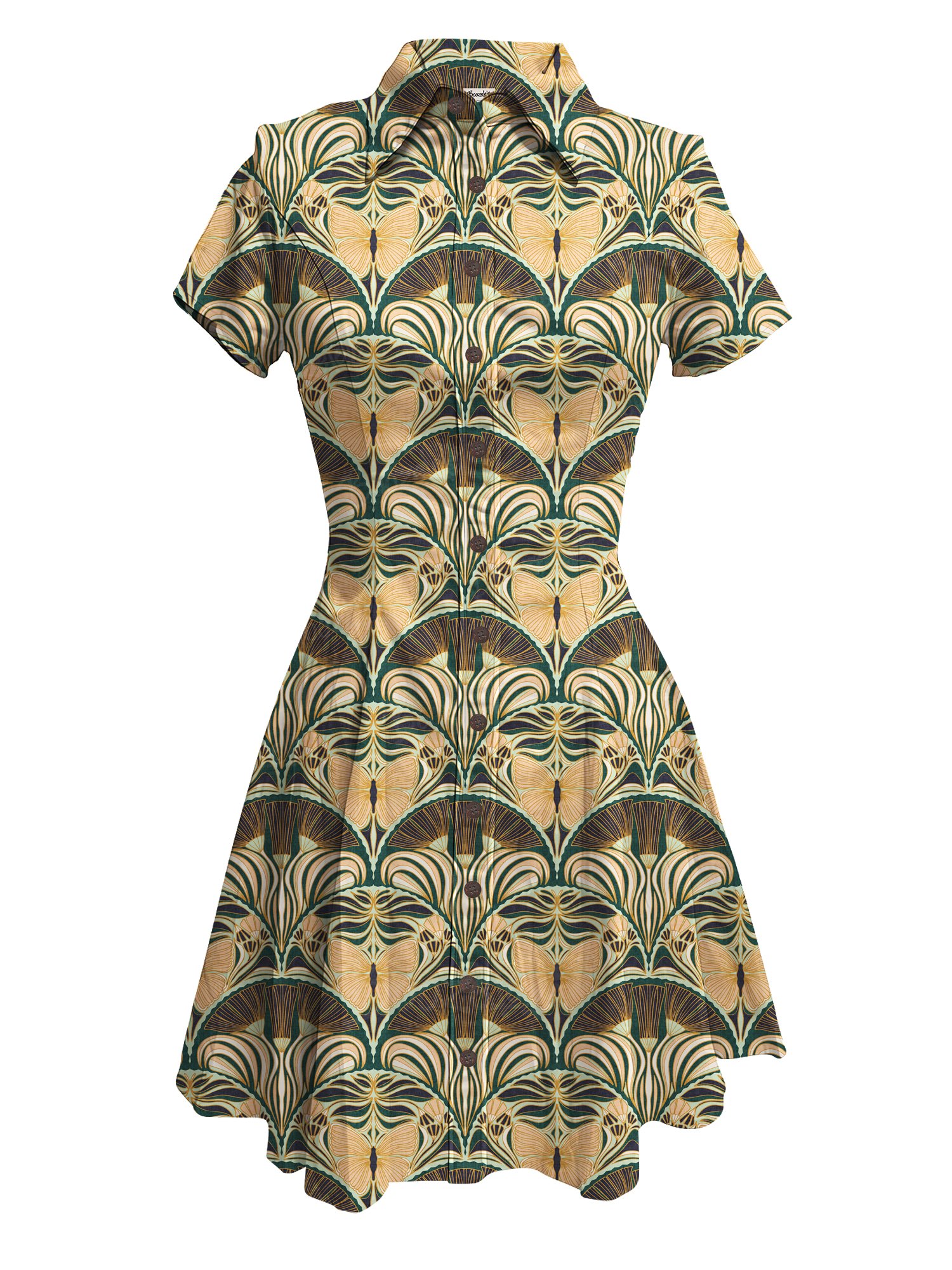 【Claudia S. Design X Boozelele】Gatsby Fan Glamour Symmetrical Deco with Ornate Butterfly Dark Green Large - 100% Cotton Dress