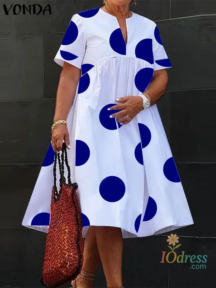 IO Dress VONDA Plus Size 5XL Women Dress 2025 Summer Bohemian Polka Dot Maxi Long Dress V Neck Party Sundress Vestido Beach Robe Elegant