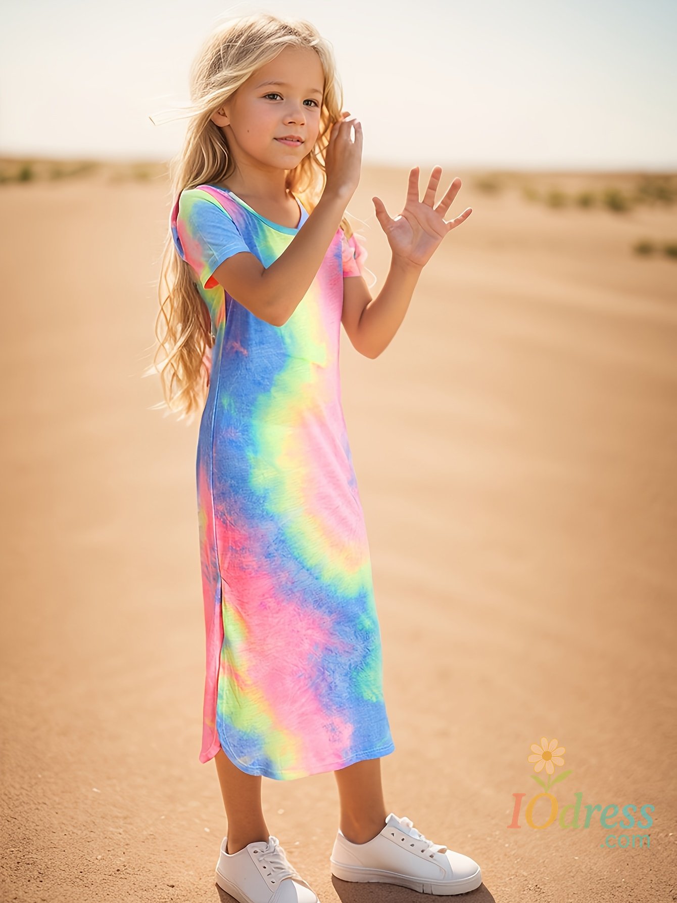 IO Dress Girls' Dress Spring and Summer Thin Short-Sleeved Mid-Length Slim Fashionable Girl's Summer Clothing with Random Printing and Dyeing