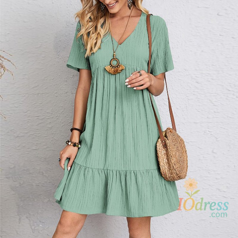 IO Dress Vintage Solid Elegant Women Dress 2023 Summer Fashion Casual V-Neck High Waist A-Line Mini Dresses Lady Short Sleeve Party Dress