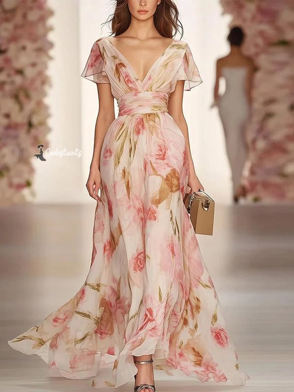 Flower Printed Ruffled Short Sleeves Elegant Chiffon Maxi Dress