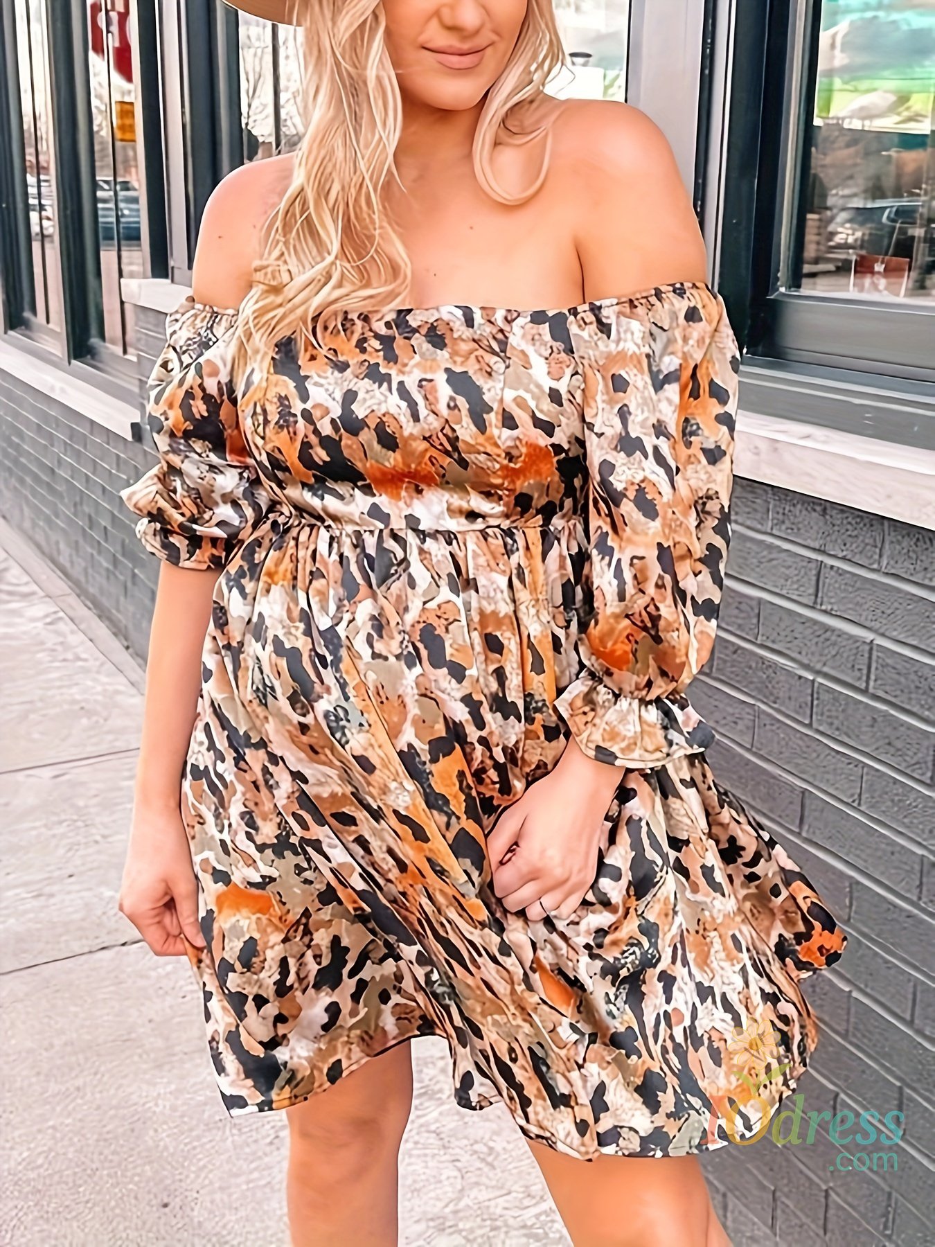 IO Dress Plus size spring and summer clearance burst a line collar leopard print dress burst a big clearance a line collar half sleeve