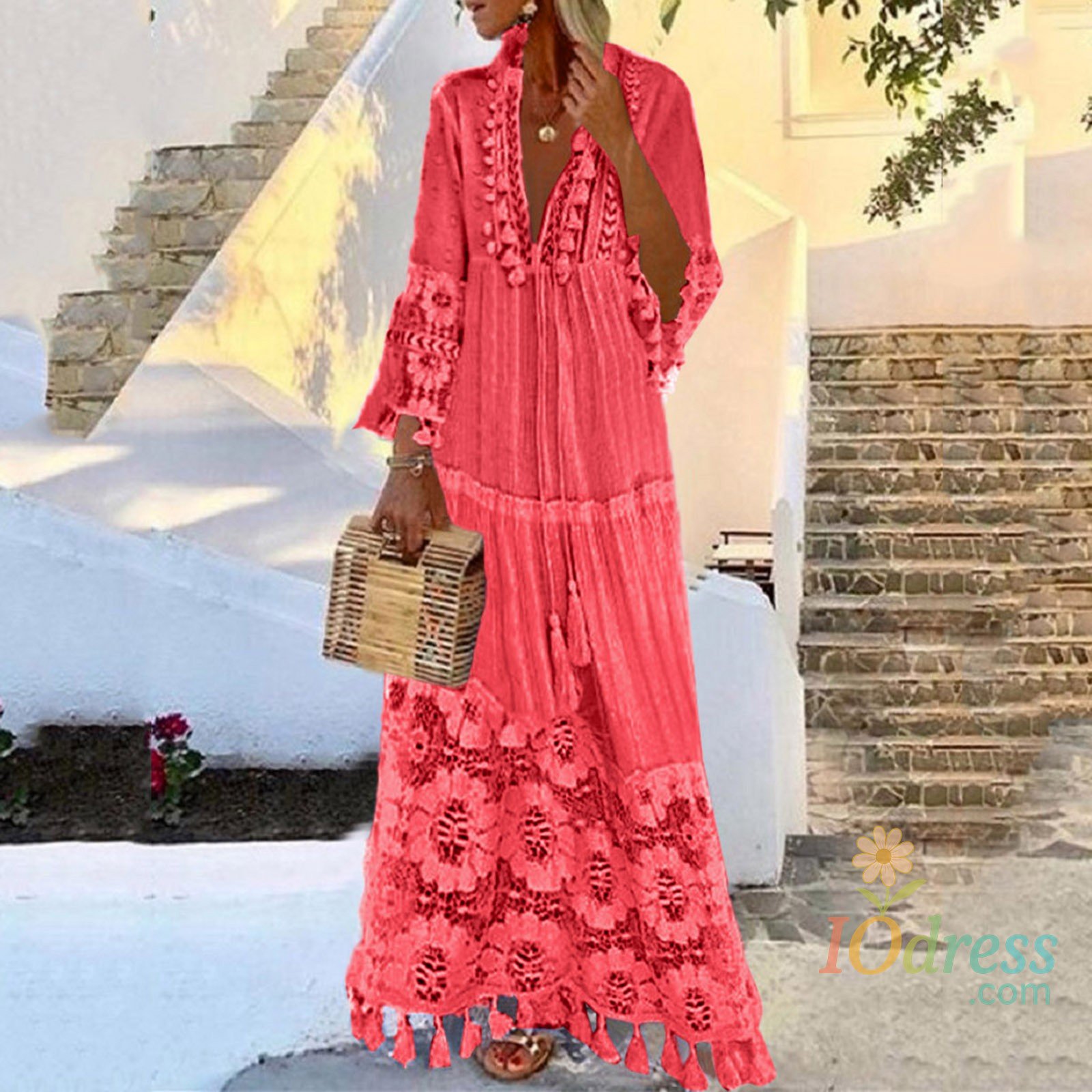 IO Dress Ladies Bohemian V-Neck Tassel Large Size Casual Dress Women Lace Solid Fashion Dress Elegant Robe Boho Holiday Long Dress