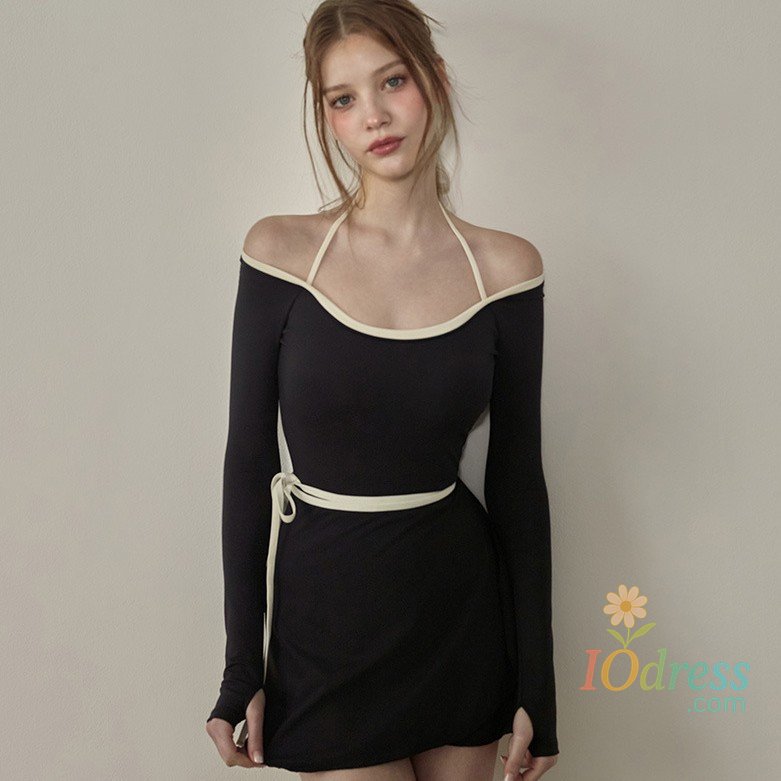 IO Dress OIINAA Swimwear Women Slash Neck Off Shoulder Bodysuit Black Lace Up Cover-Ups Wrap Skirt Summer 2025 New Hot Spring Swimwear