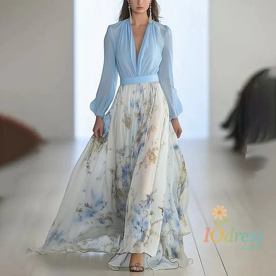 IO Dress Elegant V-neck Long-sleeved Chiffon Dress Fashion Spring Autumn Powder Sleeve Splicing Flower Printing Casual Dresses Female