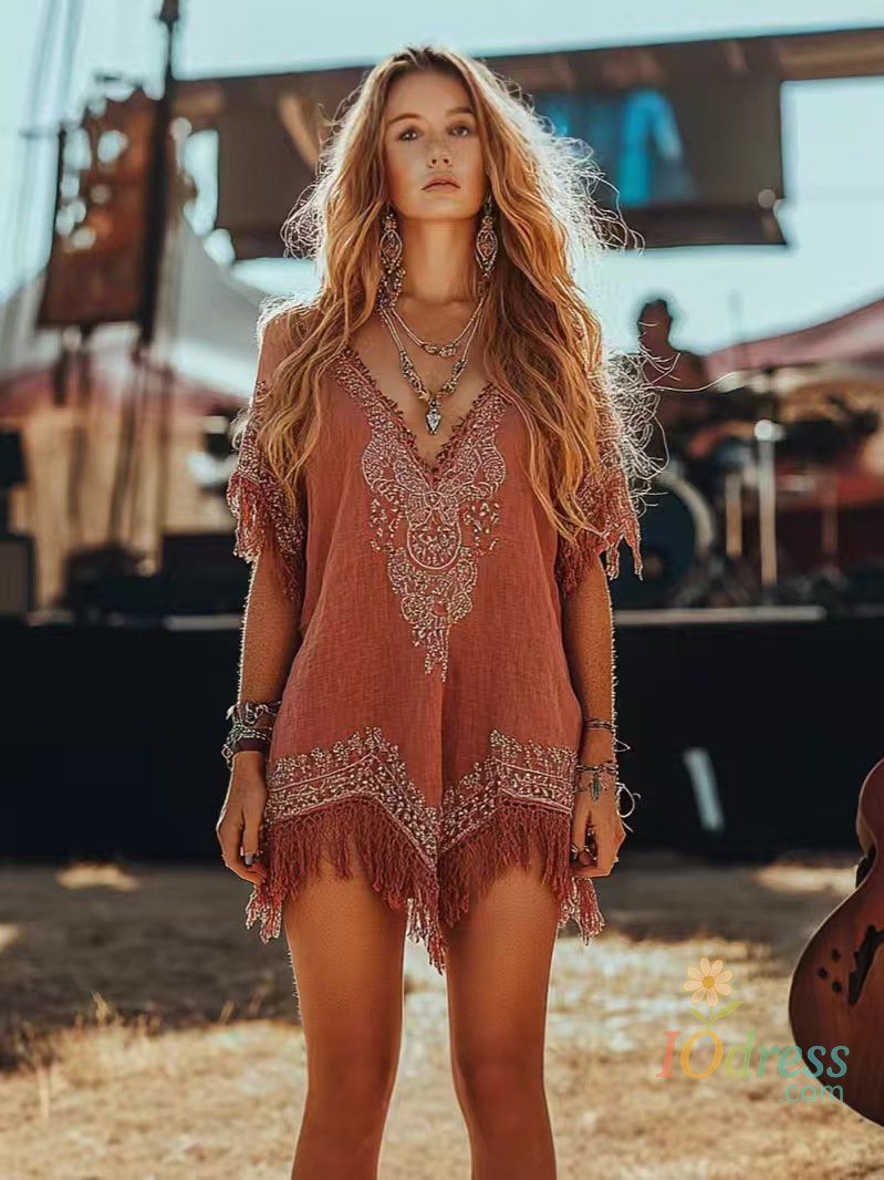 IO Dress Summer Fashion Printed Tassel Ethnic Retro Mini Dresses Vintage Women Sexy Deep V  Bohemian Holiday Dress For Women 2025 New