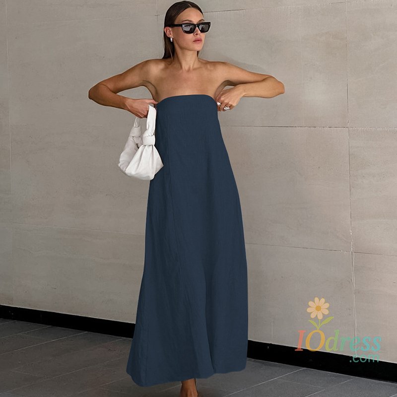 IO Dress Summer Cotton And Linen Women's Dress Solid Color Temperament Strapless Sexy Loose Comfortable Vacation Beach Skirt Sun Skirt