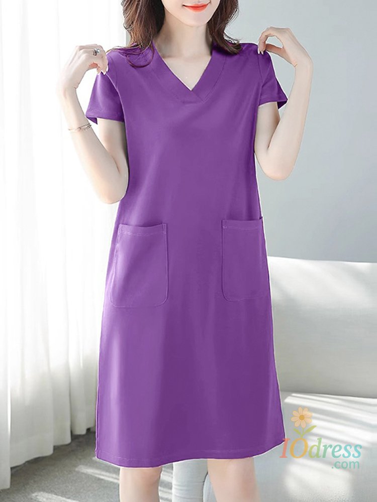 IO Dress Shop 2025 Summer Dress Women Casual Solid Vintage Basic V-neck Midi Vestidos Short Sleeve Pocket Robe Holiday Loose Sundress