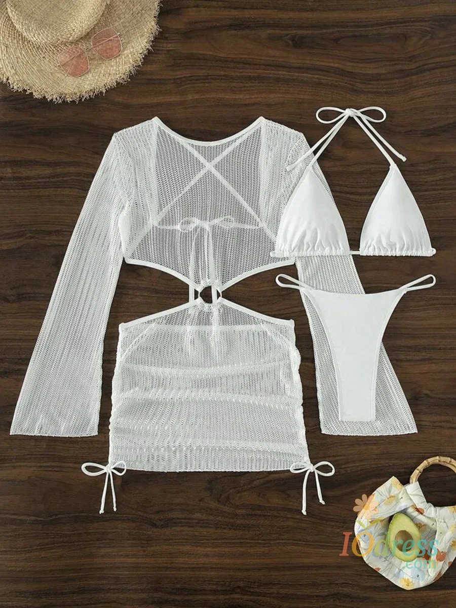 IO Dress Mesh Sheer Long Sleeve Cover-Up Micro Bikini Female Swimsuit Women Swimwear Three-pieces Bikini Set Bathing Suit Swim Beach Wear