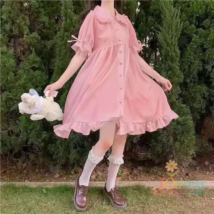 IO Dress Japanese Sweet Girl Lolita Dress White 2021 Summer Kawaii Peter Pan Collar Cute Ruffle Puff Sleeve Drees Elegant Lady Dresses