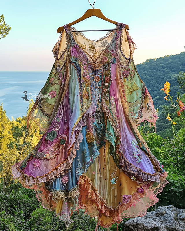 Summer Irregular Lace Patchwork BeadedRuffle Dress d646