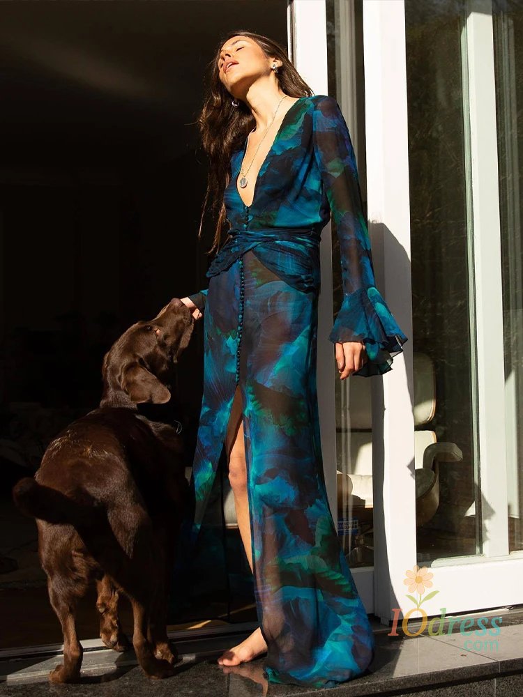 IO Dress Retro Blue Print Long Sleeve Sexy Deep V Neck Chiffon Slimming Beach Dress 2024 Summer Women High Split Party Maxi Dresses A2833