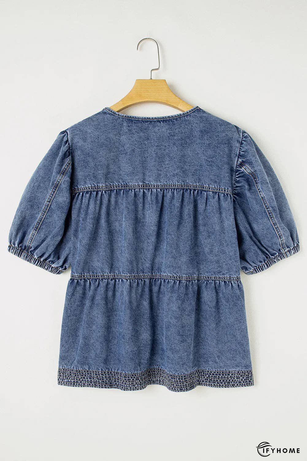 Plus Size Denim V-Neck Puff Sleeve Blouse | IFYHOME