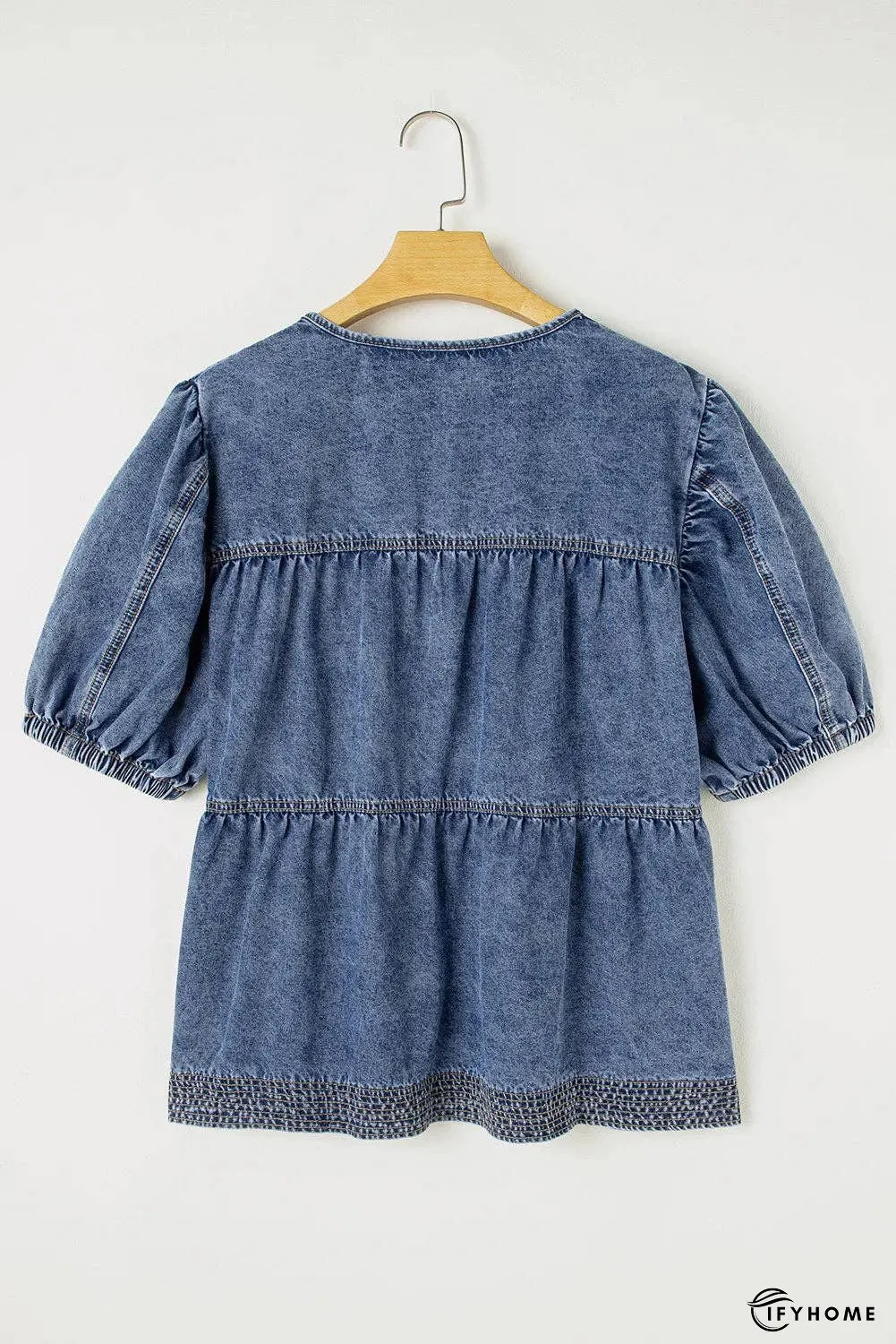 Plus Size Denim V-Neck Puff Sleeve Blouse | IFYHOME