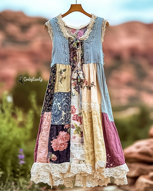 Vintage Floral Lace Patchwork Dress 7e80