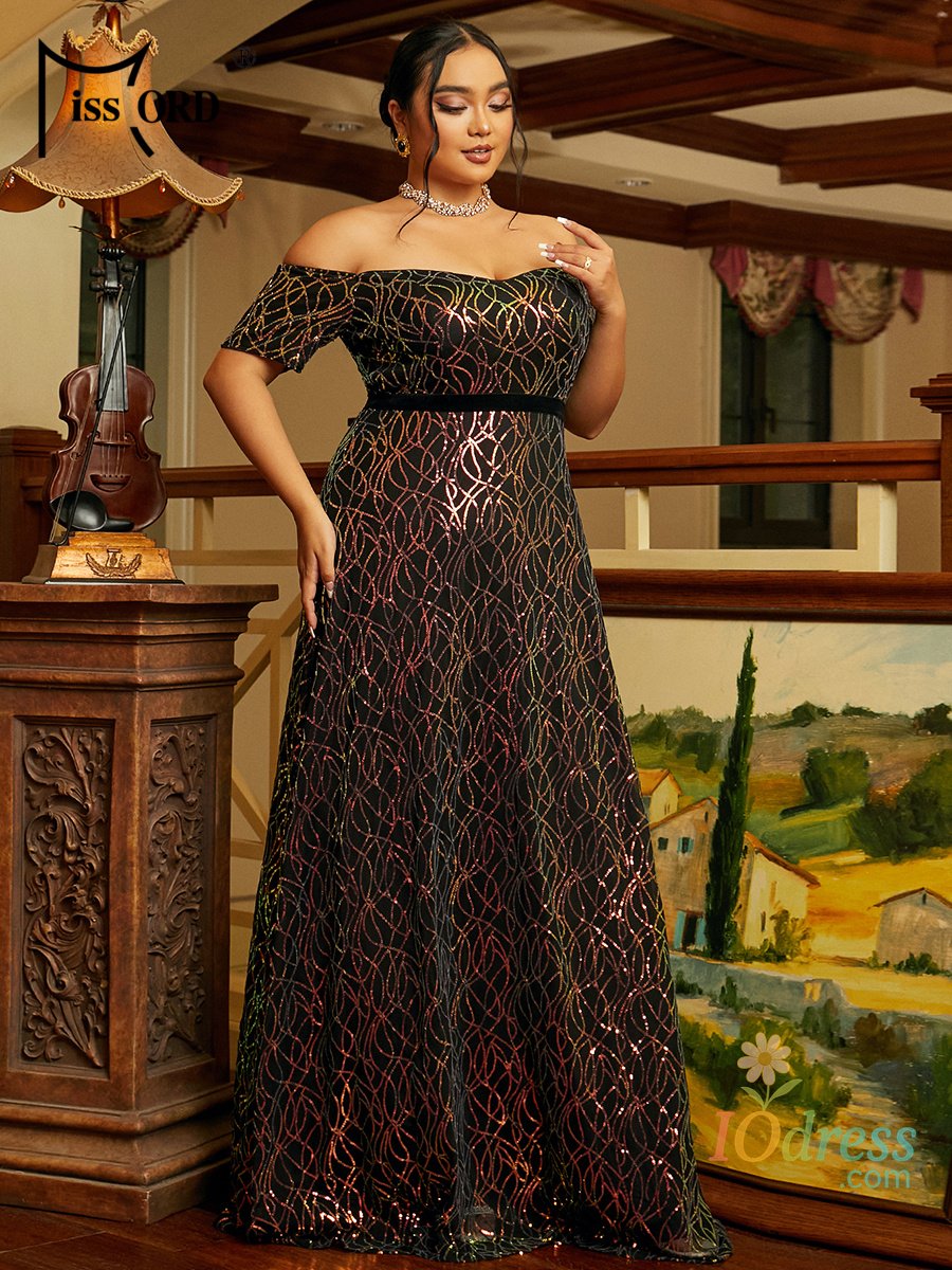 IO Dress Missord Black Sequin Plus Size Party Dress Elegant Women Off Shoulder Short Sleeves Belt A-line Prom Evening Dresses Long Gown