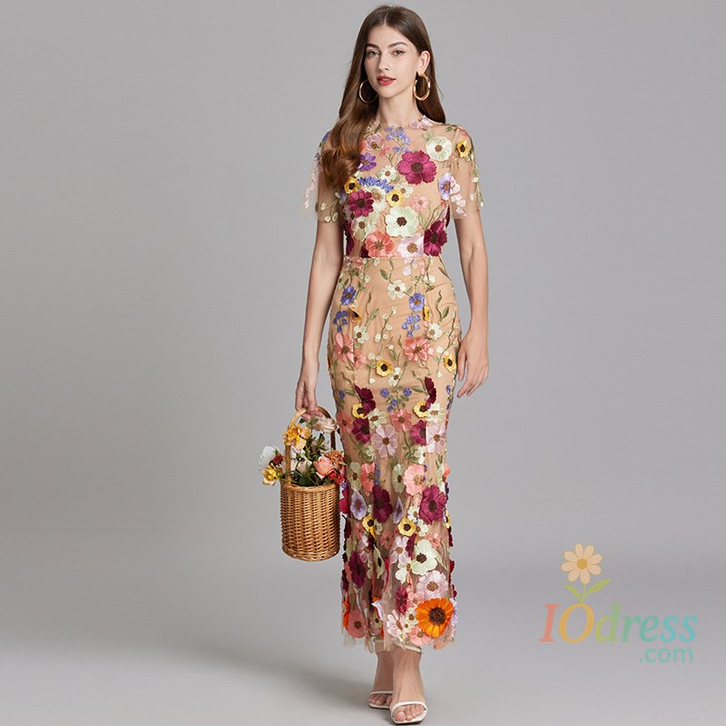 IO Dress French Heavy Three-dimensional Flower Embroidery Dress Waist Stand Collar Short Sleeve Long Dress Slim Women Fishtail Dress