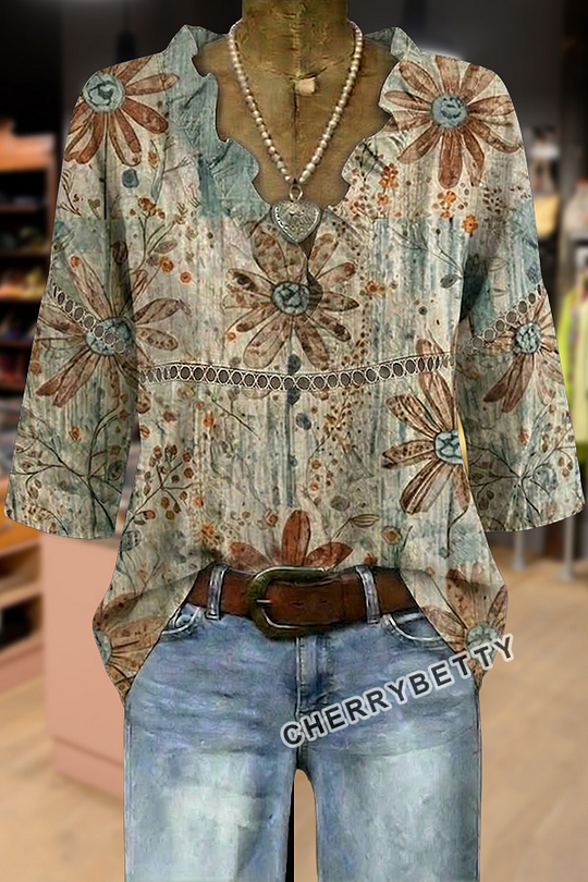 Vintage Floral Print V-Neck Hollow Out Top