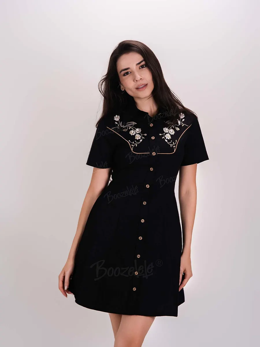 Skeleton Crow Head And Flower Embroidery Women's Western Cowboy Double  Pocket Dress Short Sleeve Buttondown 100% Cotton