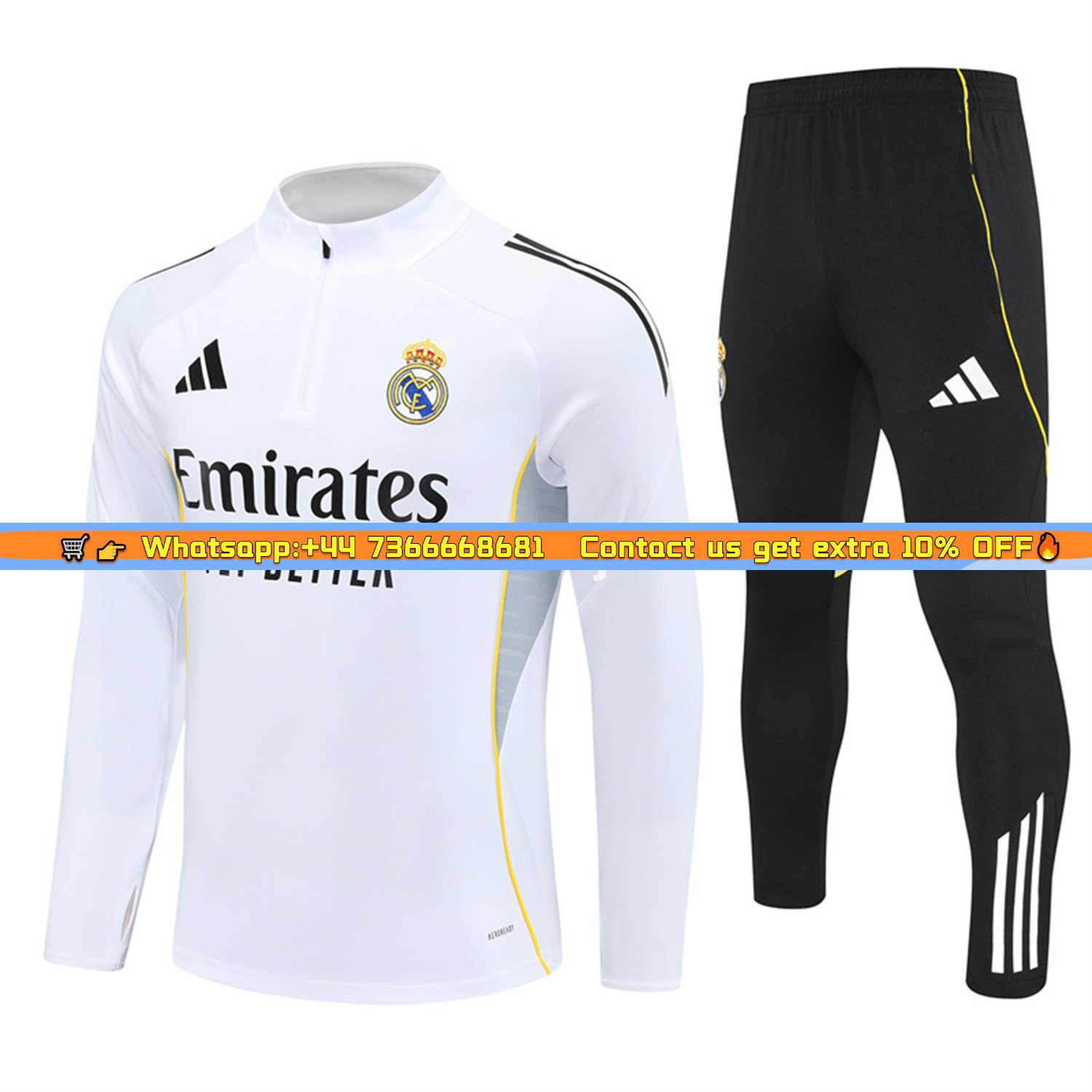 Real Madrid 25-26 Long Sleeve Training Set - Yellow Line White Top and Black Shorts