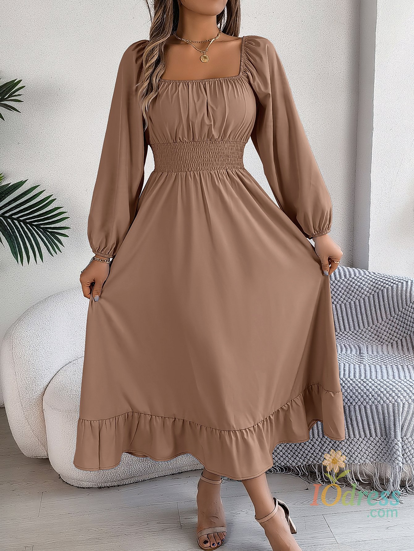 IO Dress Spring and Summer Elegant High Waisted Square Neck Long Sleeved Ruffled Edge Long Dresses for Bridesmaids Women Dress