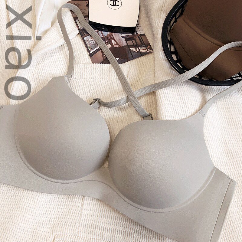 Bras-Non-marking beauty back gathering glossy bra soft steel ring on thin under thick underwear comfortable soft lingerie-Bras