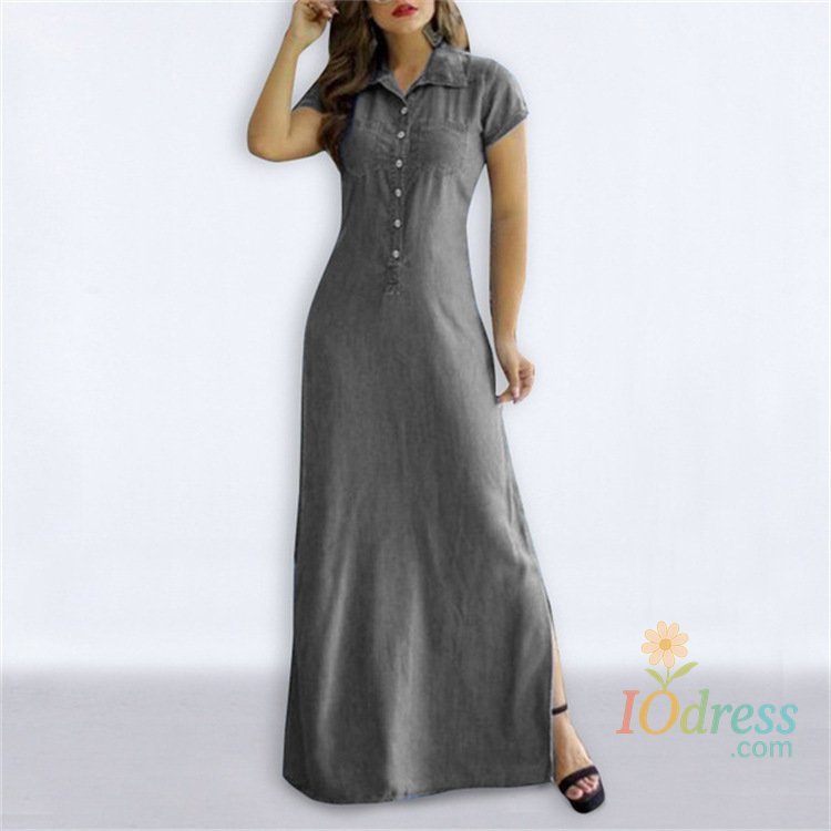 IO Dress Europe And America Cross Border New Long Dress Shirt Collar Split Pocket Large Swing Dress Large Casual Denim Dress