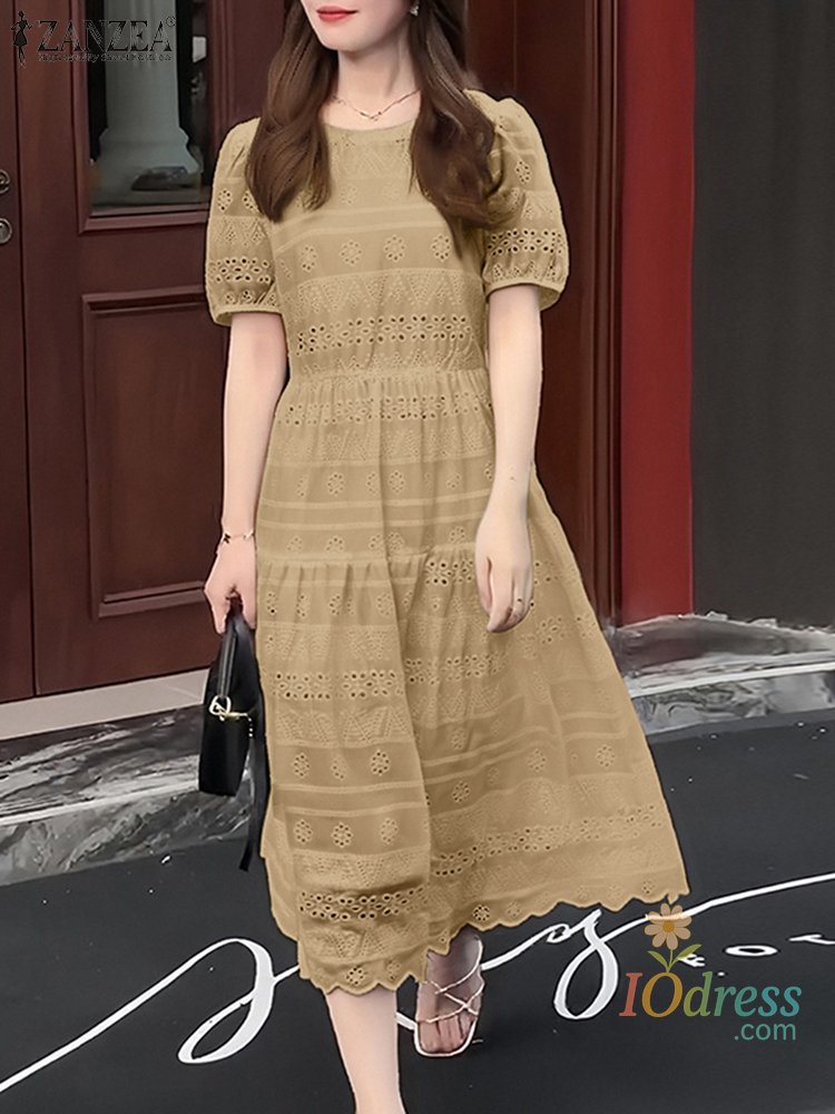 IO Dress   Summer Sundress Bohemian Holiday Vestidos Elegant Women Short Sleeve Lace Crochet Dress Embroidery Work Dress