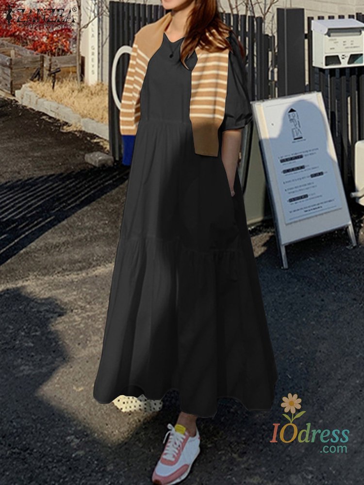 IO Dress Stylish Puff Sleeve Dress Women Summer Sundress 2025 Shop Solid Ruffle Maxi Long Vestidos Elegant A Line Loose Work Dresses