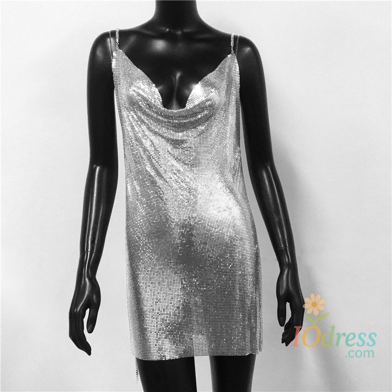 IO Dress Metal Sequins Low Cut Sexy Women Dress 2025 Sleeveless Backless Spaghetti Strap Neck Fashion Party Club Mini Dresses