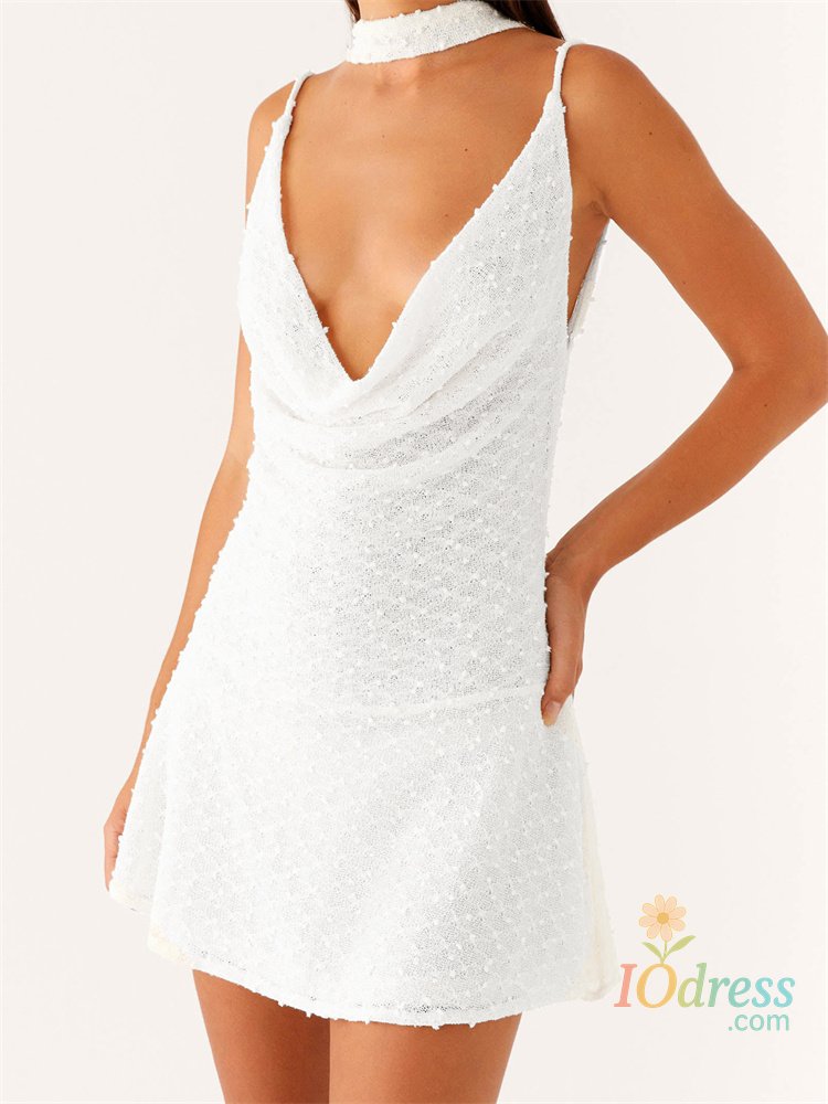 IO Dress CHRONSTYLE Women Mini Dresses Dot Sleeveless Spaghetti Strap Deep V-neck Sling Dress Summer Backless Vestidos with Choker Scarf