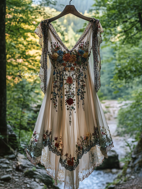 Summer Vintage Floral Beaded Dress 3372
