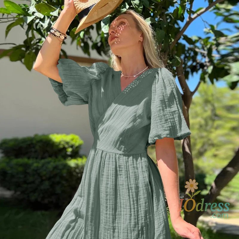 IO Dress Muslin 100% Cotton Gauze Long Dress For Women Sexy V-Neck Sweet Puff Sleeve Bandage Chic Elegant Party Beach Sundress