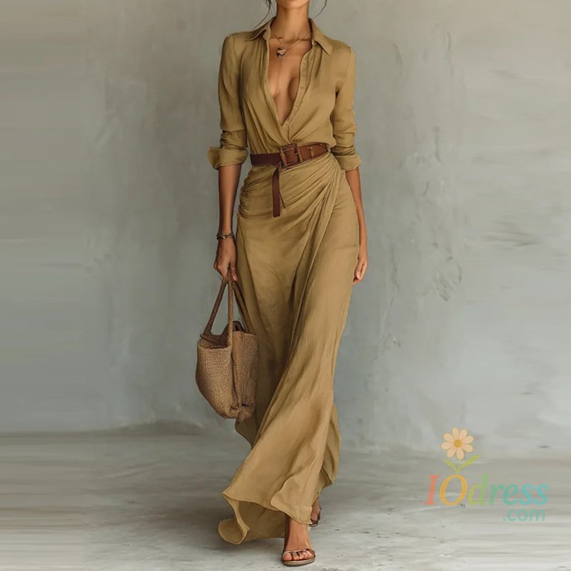 IO Dress Elegant Lady Long Sleeve Lapel Shirt Dress Temperament High Waist With Belt Commute Maxi Dress Casual Single Breasted Pure Dress