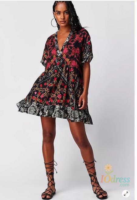 IO Dress 2025 Summer New Fashion Boho Women's Dress Retro Color Print V Neck Short Sleeve Pleated Floating Hem Loose Dress Beach Party