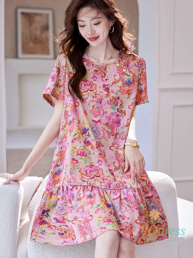 IO Dress Floral Summer Dress Short Sleeve - Boho Loose Fit, Casual & Party, Thin Fabric