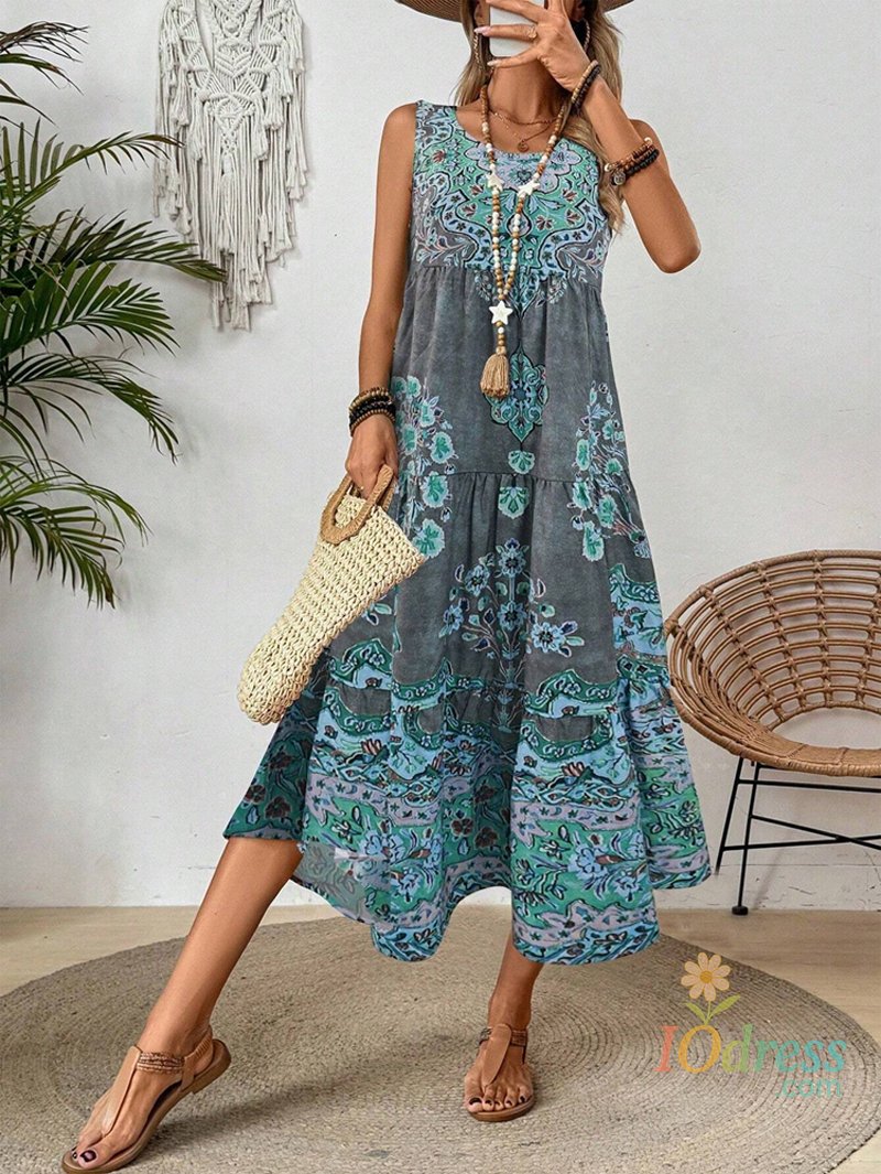 IO Dress 2025 New Women's print Crew-neck Loose sleeveless dress - Comfortable and breathable resort style beach casual