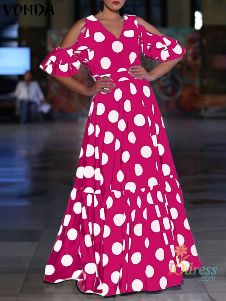 IO Dress VONDA Plus Size Summer Polka Dot Long Dress Women Ruffled Sundress 2024 Bohemian Casual V-neck Hollow Short Sleeve Maxi Robe 5XL