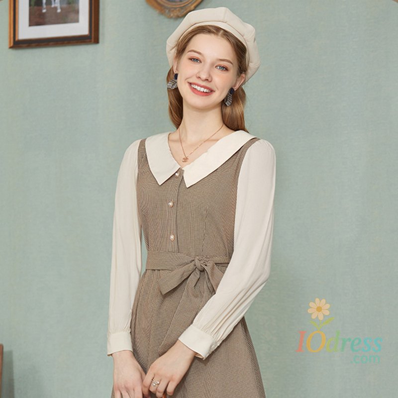 IO Dress I BELIEVE YOU New Spring 2024 Women Dress Retro Preppy Style Doll Collar Waist Temperament Lace-up Fake Two Dresses VLQ203488B