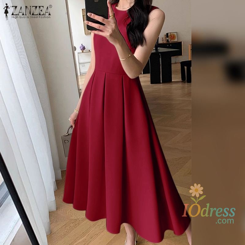 IO Dress Shop Women Sleeveless Pleated Dress Korean A-line Tank Sundress 2024 Summer Elegant Swing Maxi Vestido Vintage Party Long Robe