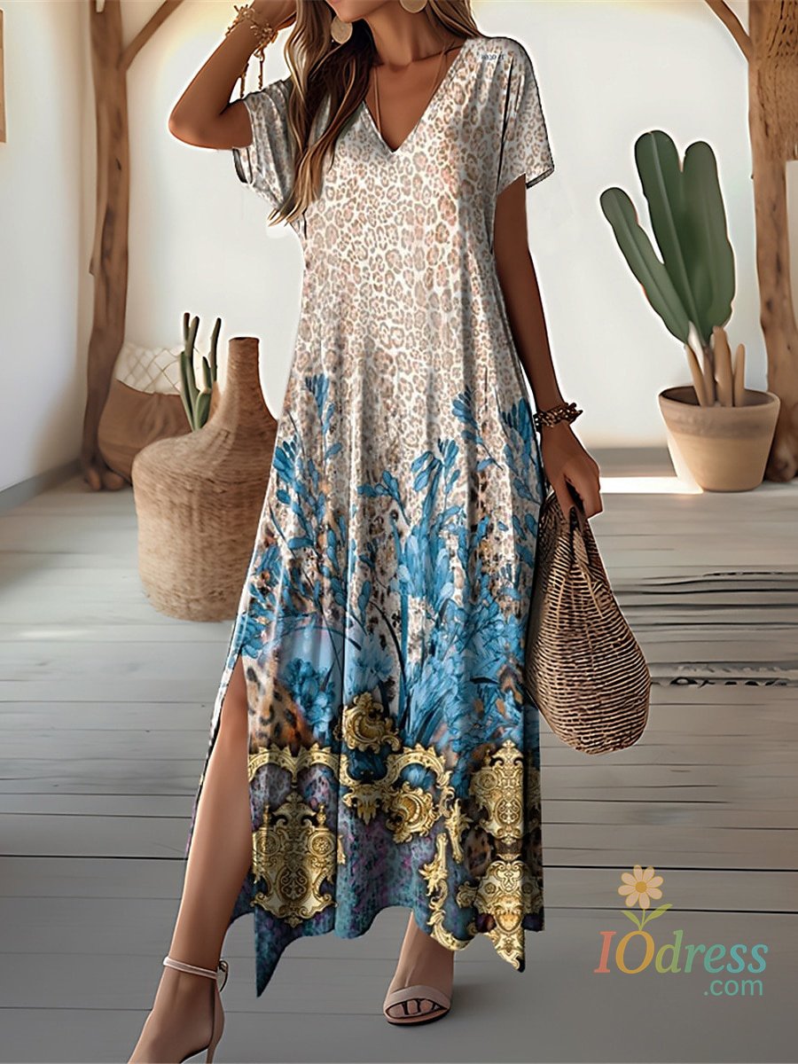 IO Dress Retro Floral Print Dresses For Women's Plus Size V-Neck Female Long Dresses Elegant Short Sleeve Dress Fashion Summer 2024