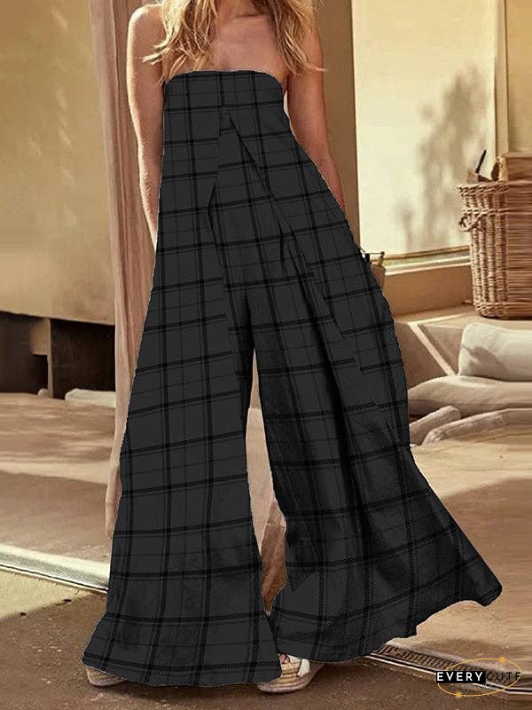 Loose Sleeveless Elasticity Plaid Split-Joint Tube Jumpsuits