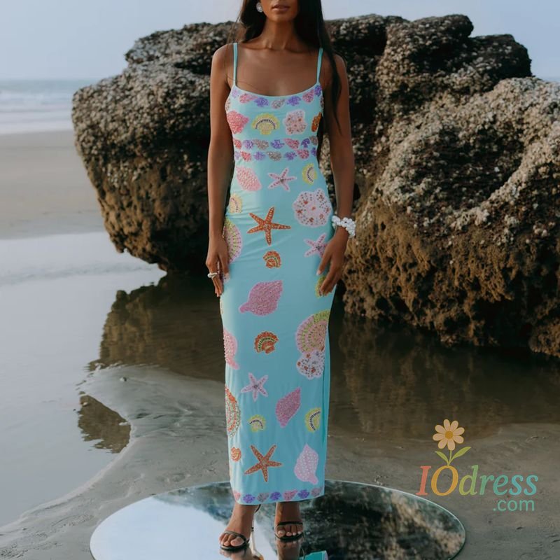 IO Dress Combhasaki Women Summer Y2K Aesthetic Colorful Sequin Shell Print Sleeveless Adjustable Straps Square Neck Straight Long Dress