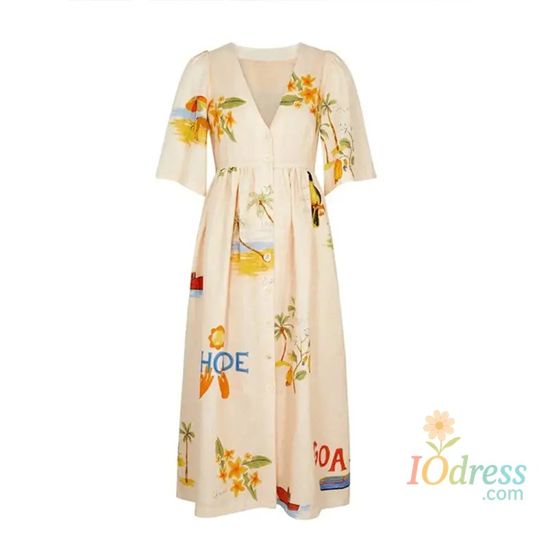 IO Dress Elegant Printed Dress Women V Neck Puff Sleeve Loose Midi Female Dresses 2024 Summer Holidays Casual Lady Beach A-Line Vestidos