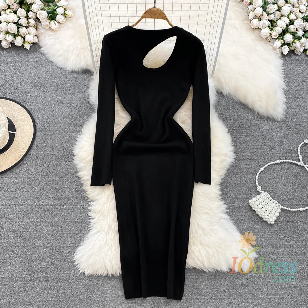 IO Dress Irregular Women Knitted Pencil Dress Korean Long Sleeve o Neck Elastic Slim Dress Autumn Winter Sexy Bodycon Warm Sweater Dress
