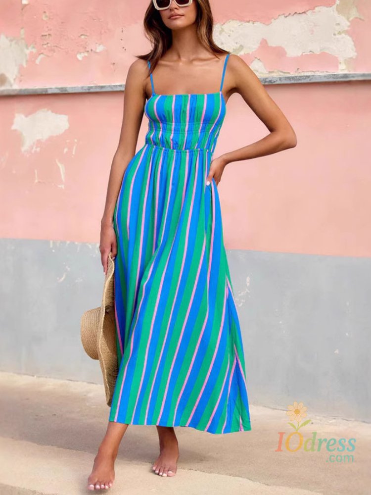 IO Dress 2025 Summer Fashion New Women's Elegant Beach Vacation Dress with Strap Printing Stripe Casual Long A-line Dress