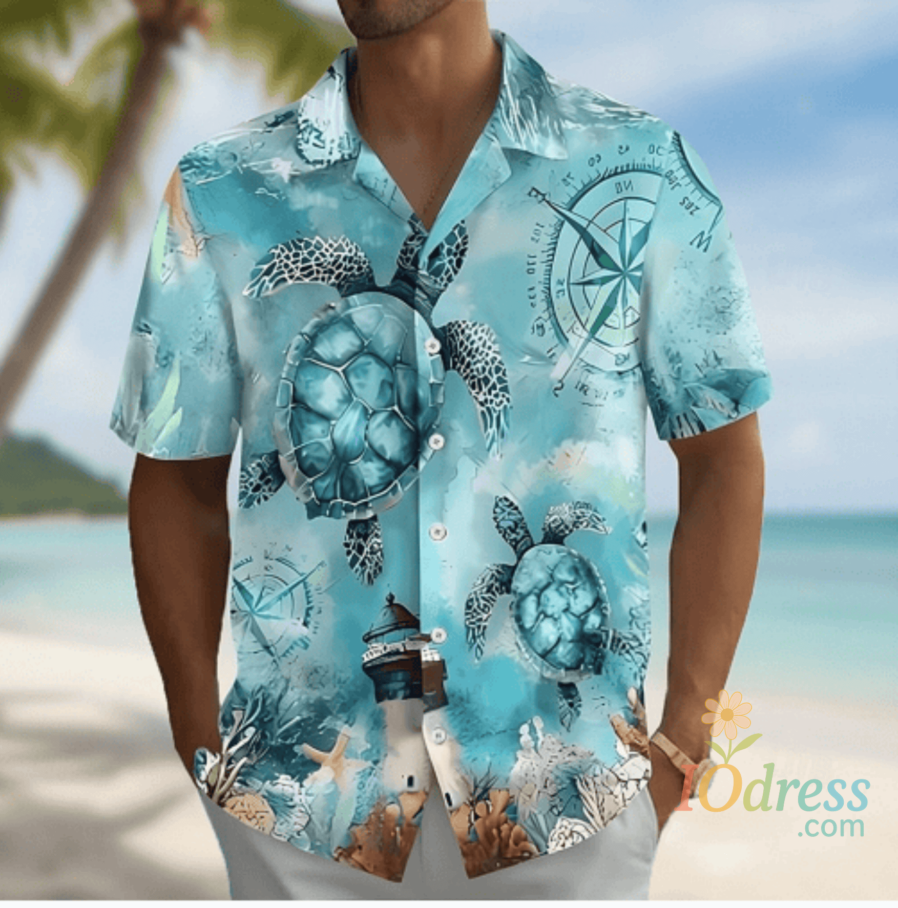 IO Menswear Men's Ocean Turtle Compass Lighthouse Print Short Sleeve Shirt, Summer Nautical Hawaiian Vacation Blouse, Loose Casual Top