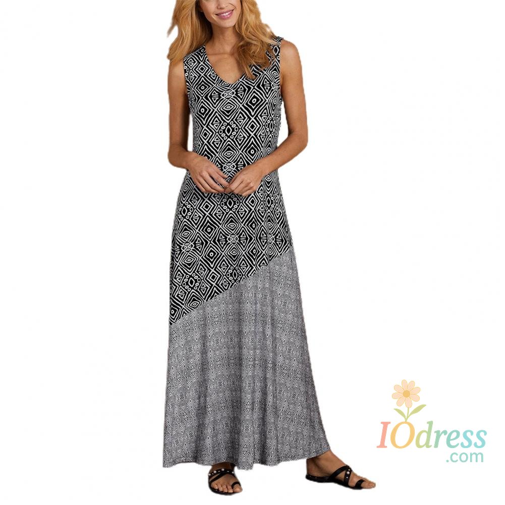 IO Dress Geometric Print Dress women Vintage Bohemian Sling Dress Sleeveless V Neck Wide Hem Loose Dress Beach Dress Casual Female Dress